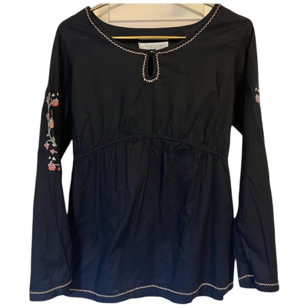Maternity Blouse Embroidered Long Sleeve Empire Waist Size Small Black Boho